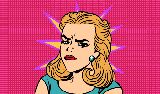 A confused looking woman in a pop-art cartoon style