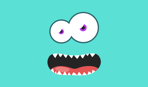 A funny monster face, with odd sized eyes and an open mouth with spiky teeth