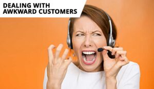 A headshot of a customer service representative furstrated