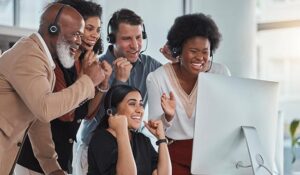 Call centre employees celebrating
